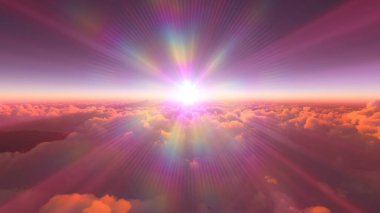Bulutların üzerinde günbatımı güneş ışığı illüstrasyonu, 3 boyutlu görüntüleme