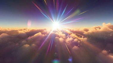 Bulutların üzerinde günbatımı güneş ışığı illüstrasyonu, 3 boyutlu görüntüleme
