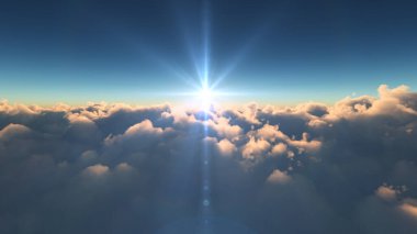 Bulutların üzerinde günbatımı güneş ışığı illüstrasyonu, 3 boyutlu görüntüleme