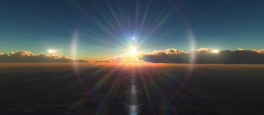 Bulutların üzerinde günbatımı güneş ışığı illüstrasyonu, 3 boyutlu görüntüleme