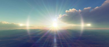 Bulutların üzerinde günbatımı güneş ışığı illüstrasyonu, 3 boyutlu görüntüleme