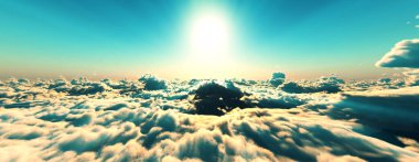 Bulutların üzerinde günbatımı güneş ışığı illüstrasyonu, 3 boyutlu görüntüleme