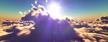 Bulutların üzerinde günbatımı güneş ışığı illüstrasyonu, 3 boyutlu görüntüleme