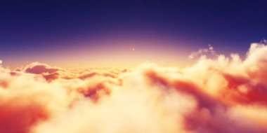 Bulutların üzerinde gün doğumu güneş ışığı çizimi, 3 boyutlu görüntüleme