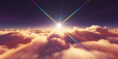 Bulutların üzerinde gün doğumu güneş ışığı çizimi, 3 boyutlu görüntüleme