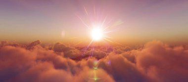 Bulutların üzerinde günbatımı güneş ışığı illüstrasyonu, 3 boyutlu görüntüleme