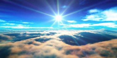 Bulutların üzerinde günbatımı güneş ışığı illüstrasyonu, 3 boyutlu görüntüleme