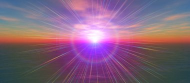 Gün batımı deniz ışığı gökyüzü berrak, üç boyutlu resimleme