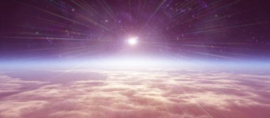 Bulutlu okyanus üzerinden Dünya 'nın doğuşu. 3d resimleme