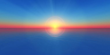 Deniz çiziminde gün batımı ufku 3D görüntüleme