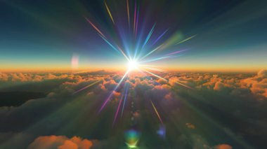 Bulutların üzerinde günbatımı güneş ışığı illüstrasyonu, 3 boyutlu görüntüleme