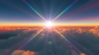 above clouds fly sunset sun ray illustration, 3d render clipart