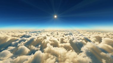 Bulutların üzerinde günbatımı güneş ışığı illüstrasyonu, 3 boyutlu görüntüleme