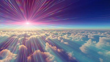 Bulutların üzerinde günbatımı güneş ışığı illüstrasyonu, 3 boyutlu görüntüleme