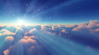 Bulutların üzerinde günbatımı güneş ışığı illüstrasyonu, 3 boyutlu görüntüleme