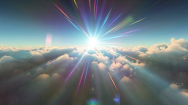 Bulutların üzerinde günbatımı güneş ışığı illüstrasyonu, 3 boyutlu görüntüleme