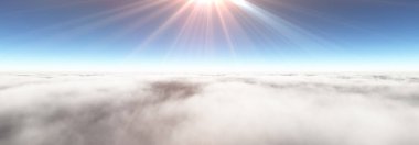 Bulutların üzerinde güneş ışınları, 3 boyutlu resimleme