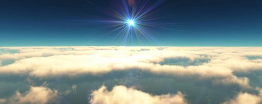 Bulutların üzerinde uç günbatımı manzarası. 3d resimleme