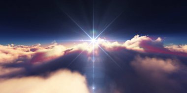 Bulutların üzerinde gün doğumu güneş ışığı çizimi, 3 boyutlu görüntüleme