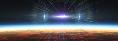 Bulutlu okyanus üzerinden Dünya 'nın doğuşu. 3d resimleme