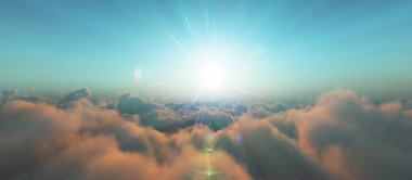 Bulutların üzerinde günbatımı güneş ışığı illüstrasyonu, 3 boyutlu görüntüleme