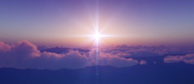 Bulutların üzerinde günbatımı güneş ışığı illüstrasyonu, 3 boyutlu görüntüleme