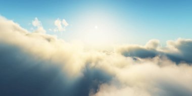 Bulutların üzerinde günbatımı güneş ışığı illüstrasyonu, 3 boyutlu görüntüleme