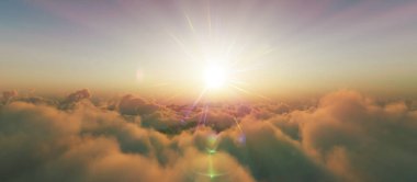 Bulutların üzerinde günbatımı güneş ışığı illüstrasyonu, 3 boyutlu görüntüleme