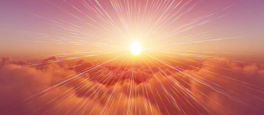 Bulutların üzerinde günbatımı güneş ışığı illüstrasyonu, 3 boyutlu görüntüleme