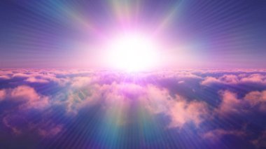 Bulutların üzerinde günbatımı güneş ışığı illüstrasyonu, 3 boyutlu görüntüleme