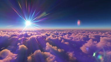 Bulutların üzerinde günbatımı güneş ışığı illüstrasyonu, 3 boyutlu görüntüleme