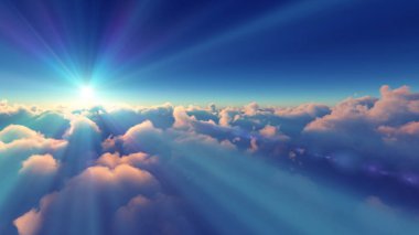 Bulutların üzerinde günbatımı güneş ışığı illüstrasyonu, 3 boyutlu görüntüleme