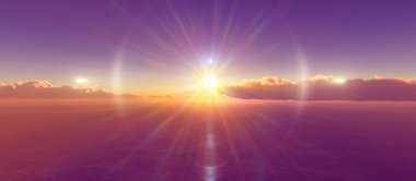 Bulutların üzerinde günbatımı güneş ışığı illüstrasyonu, 3 boyutlu görüntüleme