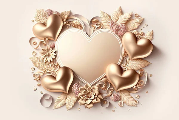 Valentines Day Heart. Realistic 3d design, hearts with decorative gifts, ribbons and golden elements. Romantic background, creative banner, wedding invitation or poster. Digital illustration.
