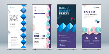 Business Roll Banner Sunum için soyut rulo arkaplanı oluşturdu. Dikey rulo, x-stand, sergi, geri çekilebilir pankart standı veya konferans için bayrak tasarımı düzeni, forum