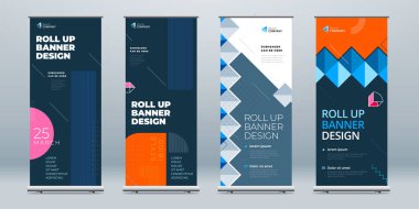 Business Roll Banner Sunum için soyut rulo arkaplanı oluşturdu. Dikey rulo, x-stand, sergi, geri çekilebilir pankart standı veya konferans için bayrak tasarımı düzeni, forum