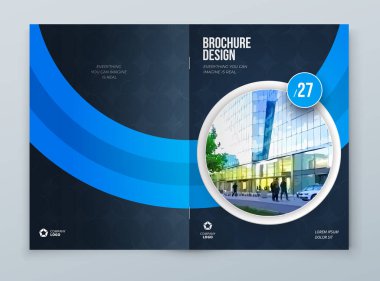 Broşür şablon tasarımı. Dark Blue Şirketi yıllık iş raporu, katalog, dergi, broşür modeli. Yaratıcı modern parlak kavram çemberi yuvarlak şekli.