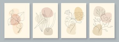 Soyut Botanik Organik Sanat İllüstrasyonu. Ev dekorasyonu için yumuşak renkli duvar resimleri seti. Minimalist branda arka plan tasarımı. Boho tarzında vektör duvar sanatı bitkileri
