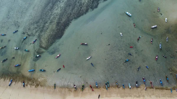 stock image Aerial drone top view photo of tropical sea with long tail fishing boats Travel boats at phuket island, thailand.