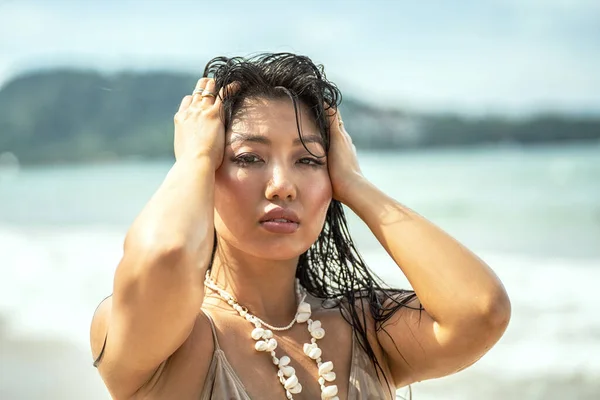 Asiatico Donna Bellezza Ritratto Estate Oceano Sfondo Stile Vita Spiaggia — Foto Stock