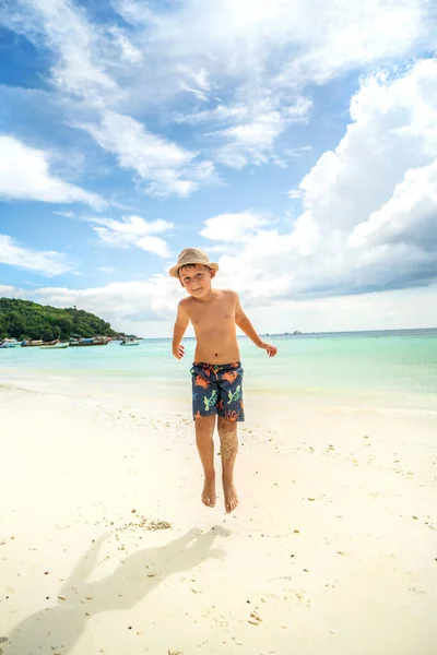 Happy Child Playing Tropical Sandy Beach Jumping Having Fun Summer — Stock Photo, Image