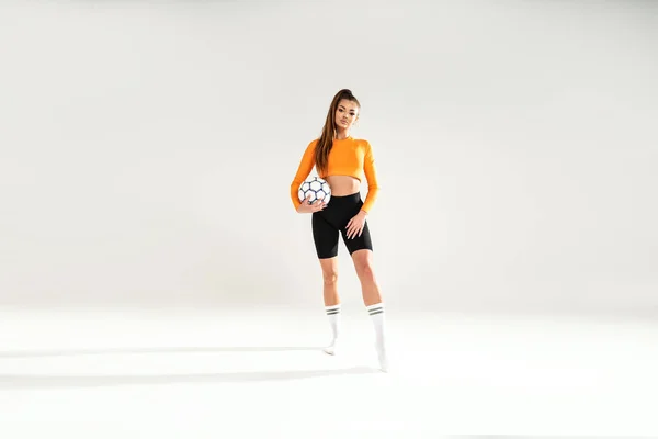 Athletic Young Woman Sports Clothes Holding Football Ball Cheerleader Girl — Stockfoto