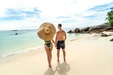 Back view of fit couple watching seascape on the beach, holding hands. People from behind relaxing, enjoying summer travel vacation on tropical island. Tourism. Travelers. Love