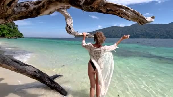 熱帯のビーチでリラックスした黒ビキニとサングラスの穏やかな 幸せな女性 日焼けした体にフィット アジアのパラダイス島 旅行だ — ストック動画
