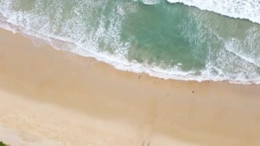 Aerial view of beautiful, calm sandy beach with waves. Seascape. Coastline. Serene landscape.
