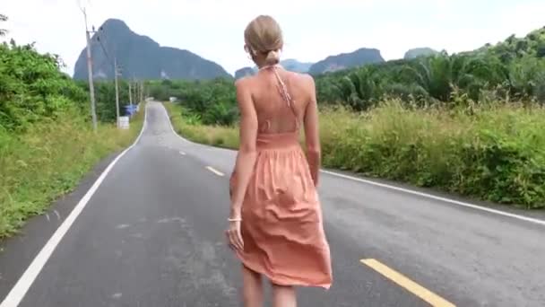 Back View Happy Traveler Woman Jumping Running Topical Road Thailand — Stock video