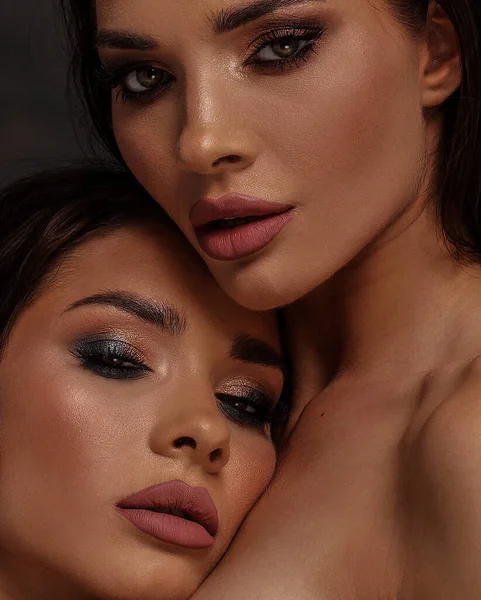 Beauty Portrait Two Beautiful Young Women Glamour Makeup Twin Sisters —  Fotos de Stock