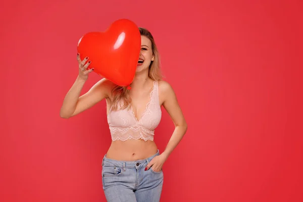Happy Woman Heart Red Balloon Laughing Having Fun Standing Red — Stock Photo, Image