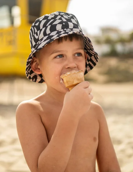 夏は屋外でアイスクリームを食べ 晴れた日を楽しんでいる幸せな子供 休暇中の少年の肖像画 — ストック写真