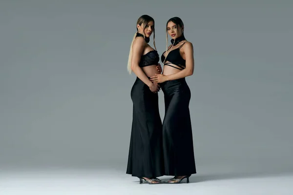 Foto Mujeres Jóvenes Embarazadas Elegantes Hermanas Gemelas Foto Estudio Una — Foto de Stock